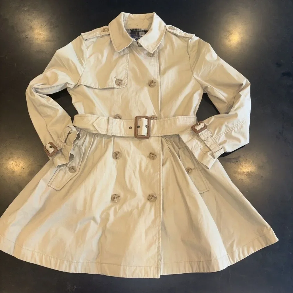Ralph Lauren Polo Big Girls Lightweight Princess Trench Coat 12 Tan Belt Collar